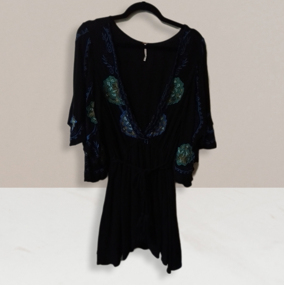 Free People Black Mini Dress with Blue and Green Accents